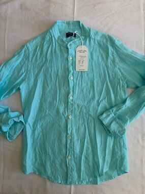 Men's Light Aqua Band-Collar Linen Shirt - Unknown Brand